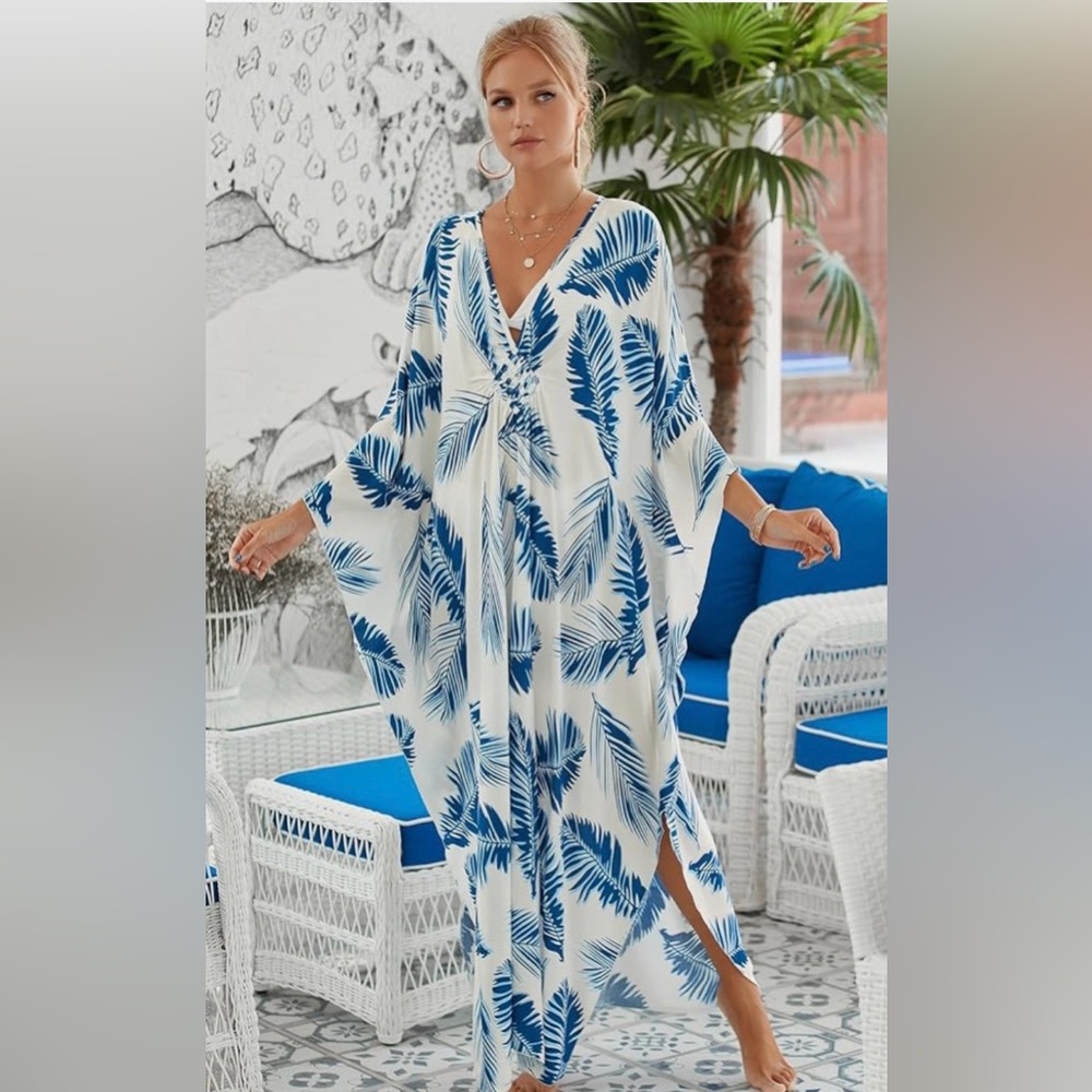 Blue and White Leaf Print Kaftan
